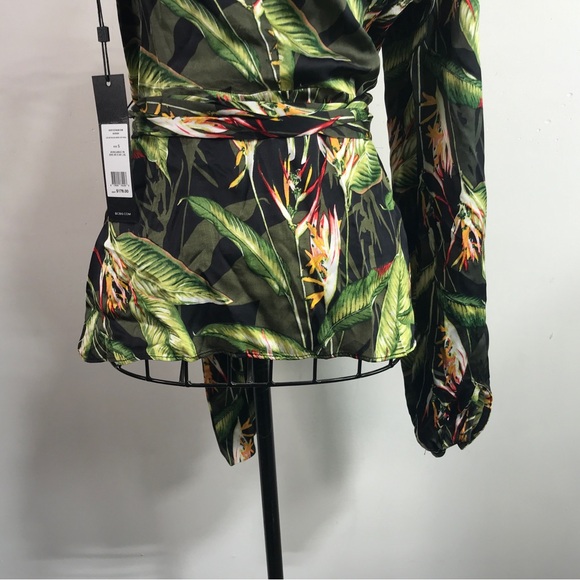 BCBG Birds of Paradise One Sleeve Wrap Top, Size L - Black/Green Women's - Picture 7 of 9